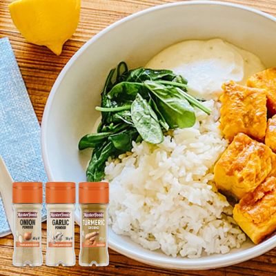 Turmeric salmon bowls with garlic yoghurt and rice