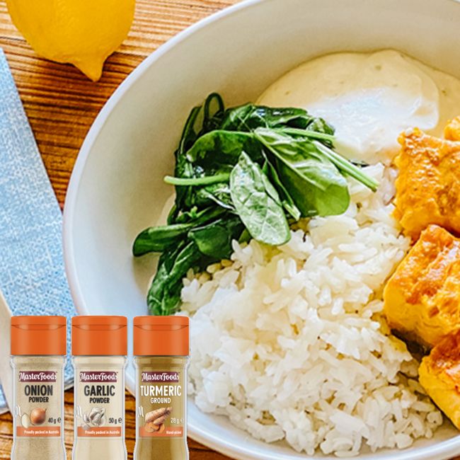 Turmeric Salmon Bowls With Garlic Yoghurt And Rice