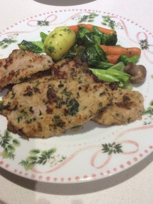 Pork schnitzel and vegies