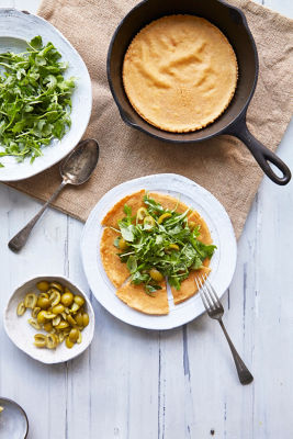 Chickpea Flour Socca With Herb & Green Olive Salad