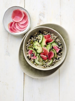 Brown Rice Sushi Bowl With Sprouted Seeds & Pickled Radishes