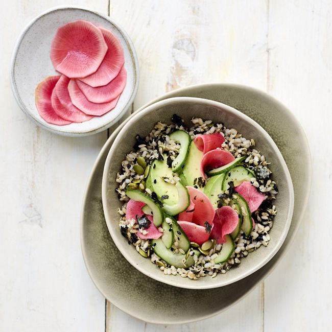 Brown Rice Sushi Bowl With Sprouted Seeds & Pickled Radishes