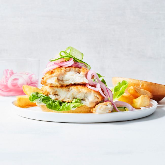 Whiting Burgers With Pickled Onion