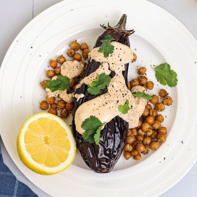Whole Roast Eggplant with Chickpeas & Tahini Yoghurt