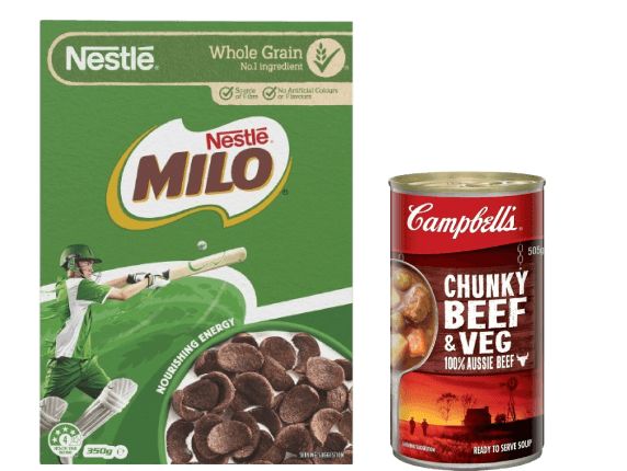 Promo tile featuring: Campbell's Chunky Soup Beef & Veg 505g, Nestle Milo Breakfast Cereal 350g