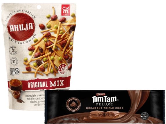 Promo tile featuring: Arnott's Tim Tam Deluxe Decadent Triple Choc Biscuits 175g, Bhuja Original Mix 150g