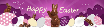 Happy Easter banner with a chocolate bunny waving, surrounded by decorative eggs and chocolate pieces on a purple background.
