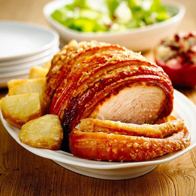 Crackling Pork Leg Roast with Roasted Potatoes & Festive Green Salad