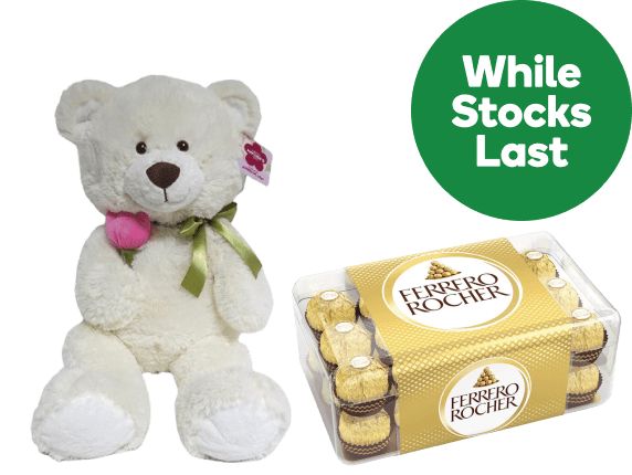 While stocks last:  Jumbo Plush Mother's Day teddy bear, Ferrero Rocher Chocolate Gift Box 30 Pack and more.