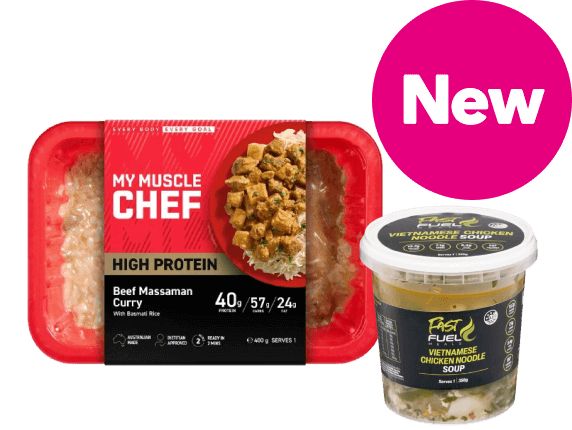 New Products featuring: My Muscle Chef High Protein Beef Massaman Curry 400g, Fast Fuel Vietnamese Chicken Noodle Soup 350g and more.