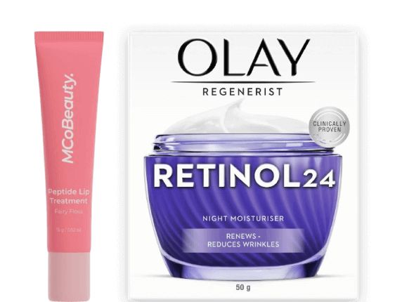 Half price products:  MCoBeauty Peptide LipTreatment Fairy Floss 15g, Olay Regenerist Retinol 24 Night Moisturiser Face Cream 50g and more.
