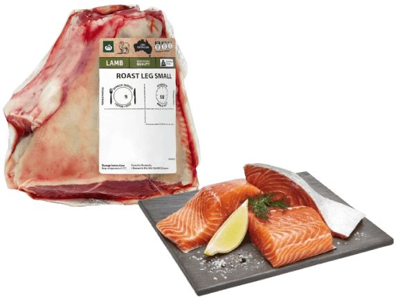 Promo tile featuring half price: Woolworths Lamb Leg Roast Half 750g - 1.6kg, Woolworths Salmon Tasmanian Atlantic Fillets Skin On Per Kg and more.