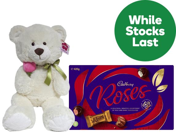 While stocks last:  Mother's Day Jumbo Plush Bear Beige each, Cadbury Roses Boxed Chocolates 420g and more.