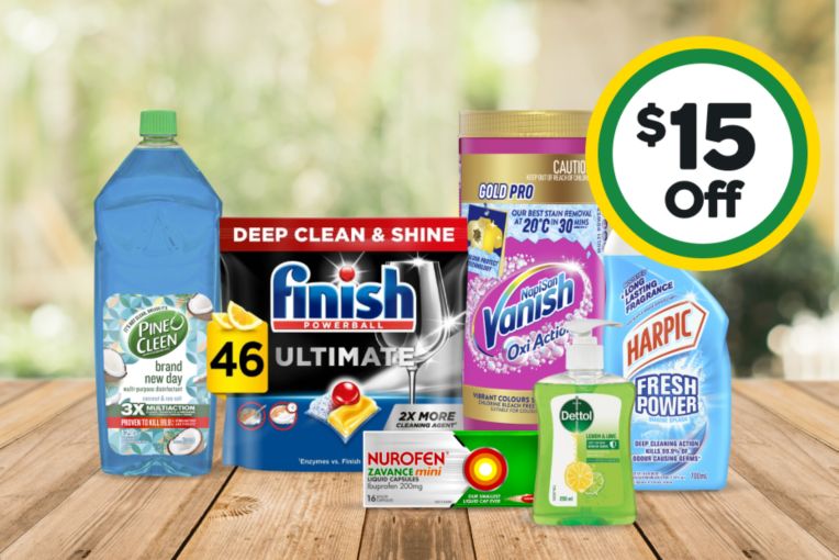 $15 Off Vanish Gold Pro Stain Remover Powder 2kg, Harpic Fresh Power Marine Splash Toilet Cleaner 700ml, Pine O Cleen Brand New Day Coconut Disinfectant Liquid 1.25l, Air Wick Pure Cherry Blossom Plug-In Diffuser 19ml, Dettol Antibacterial Liquid Hand Wash Hand Soap Pump Refresh 250ml, Nurofen Zavance Minis Liquid Capsules 16 pack, Finish Ultimate Lemon Dishwasher Tablets 46 pack