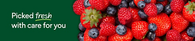 Picked fresh with care for you. Featuring fresh strawberries, raspberries, and blueberries.