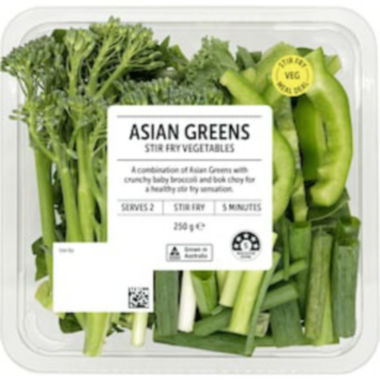 Woolworths Asian Greens Stir Fry Vegetables 250g shown.