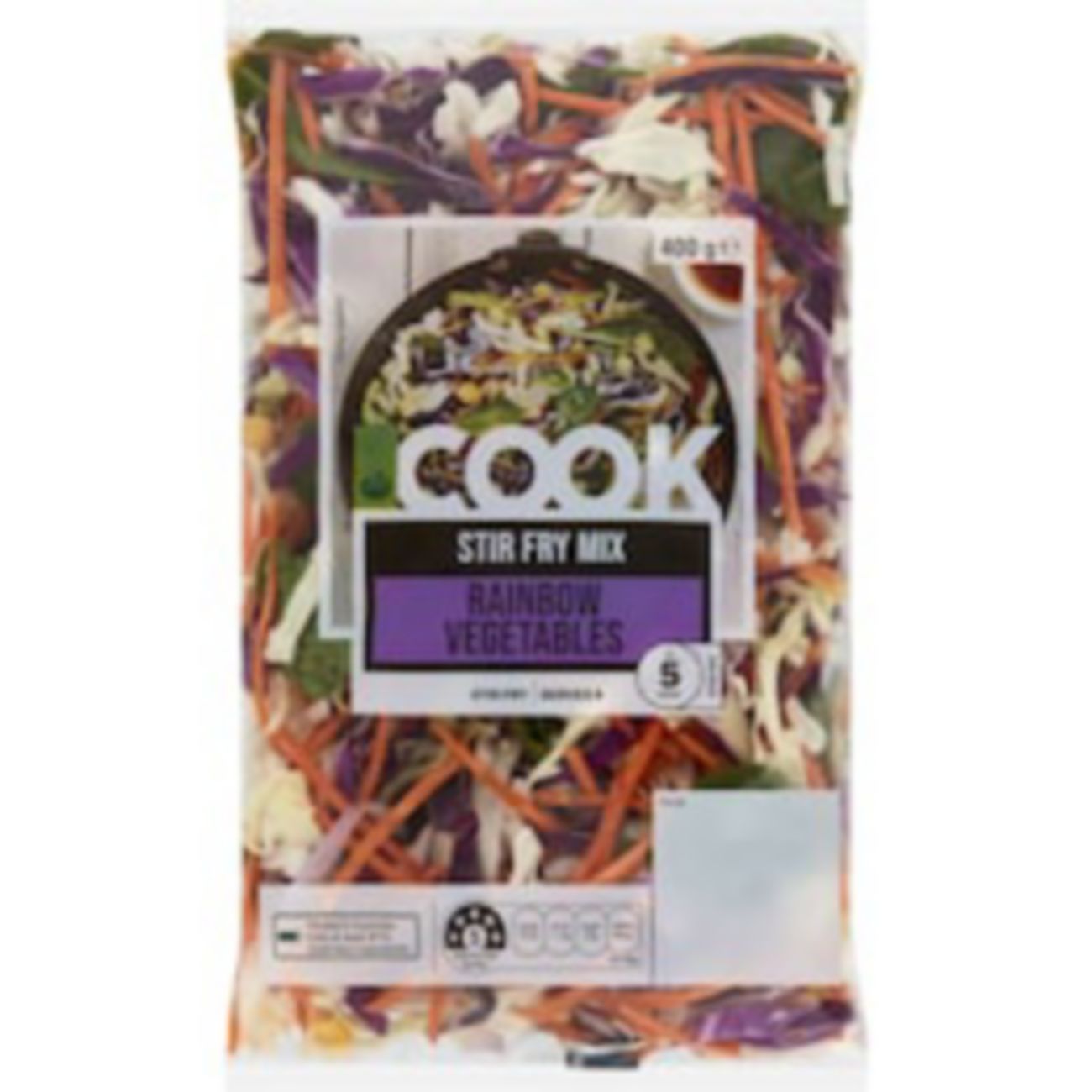 Woolworths Cook Stir Fry Mix Rainbow Vegetables 400g shown.