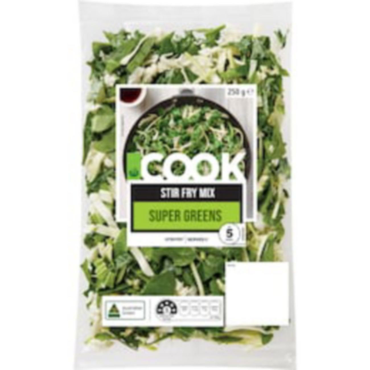 Woolworths Cook Super Green Stir Fry 250g shown.