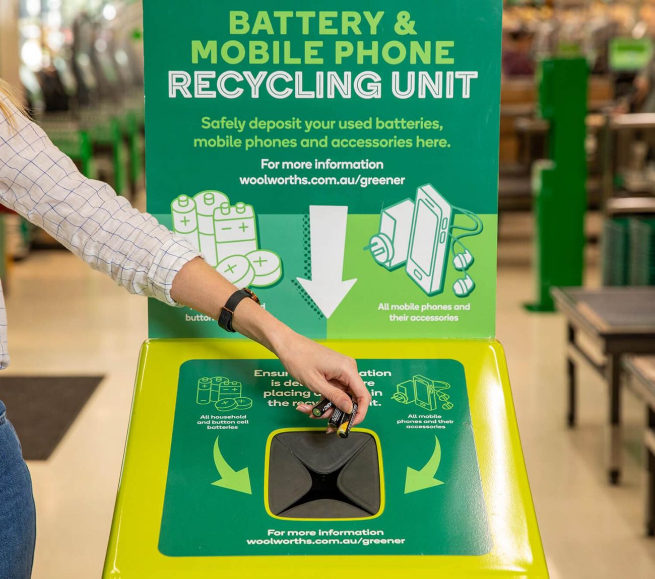Battery and Mobile phone recyling unit in store.