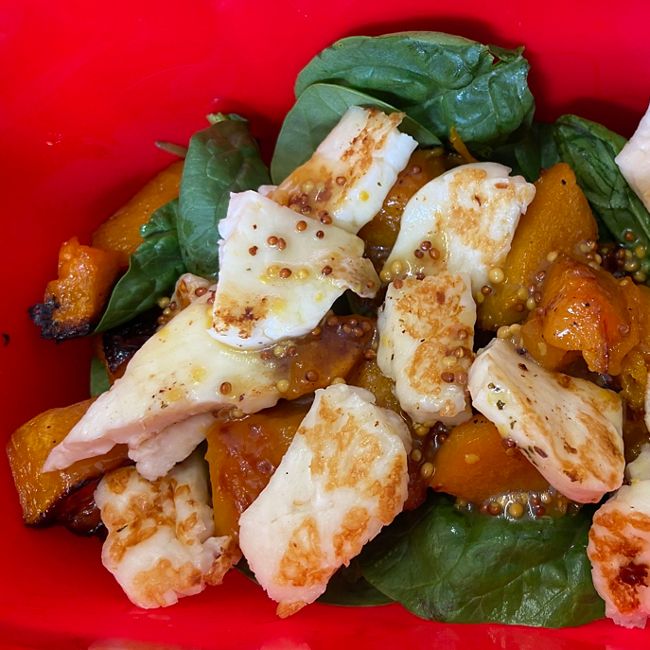 Honey Mustard Pumpkin Spinach & Halloumi Salad