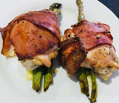 Bacon, asparagus and camembert stuffed chicken